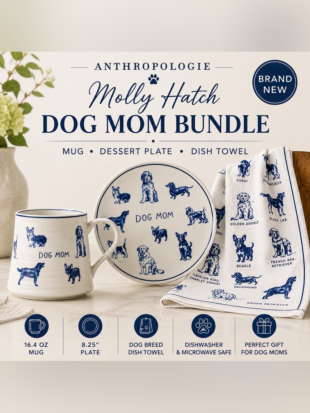 Anthropologie Molly Hatch Dog Mom Stoneware Bundle Mug, Dessert Plate, Towel NWT